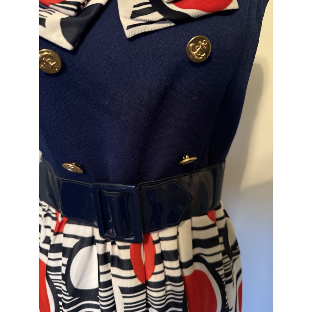Vtg Mod Geometric Print Maxi Dress Red White & Blue 60s 70s Retro Hostess Op Art - Picture 16 of 16